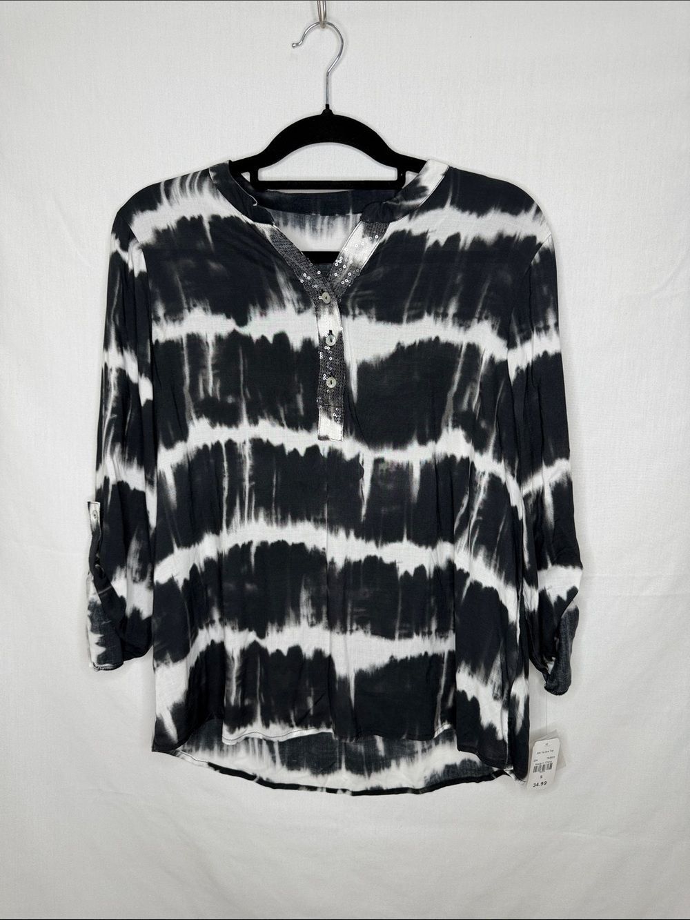 Black & White Tie-Dye Henley Long Sleeve Top with Button Placket